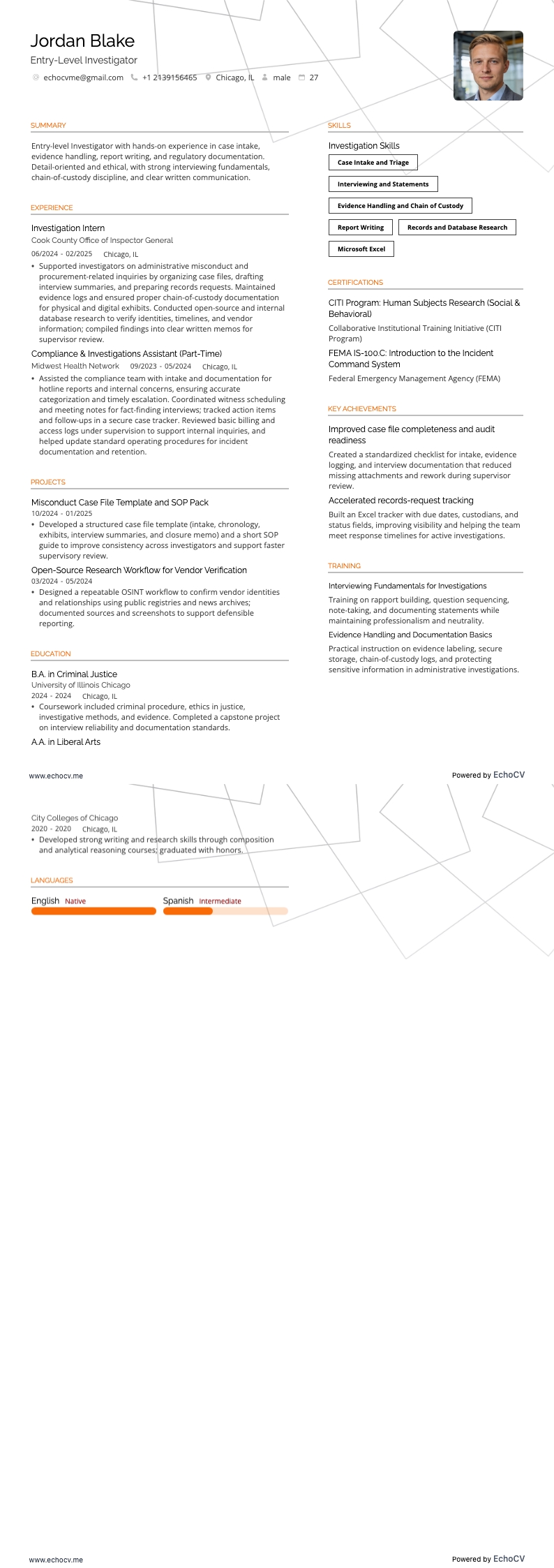 Enquêteur resume example