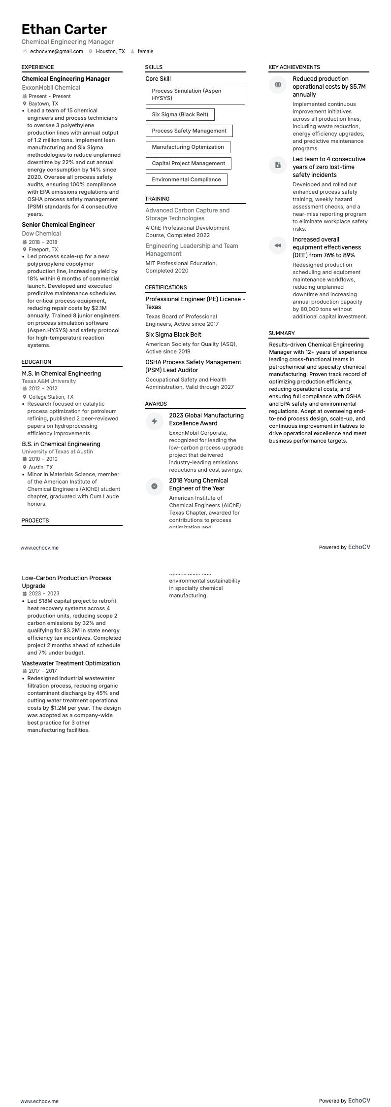 Chemical Engineering Manager example resume