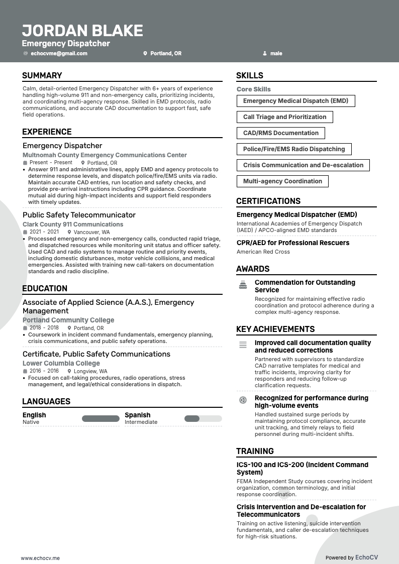 긴급 출동 디스패처 resume example