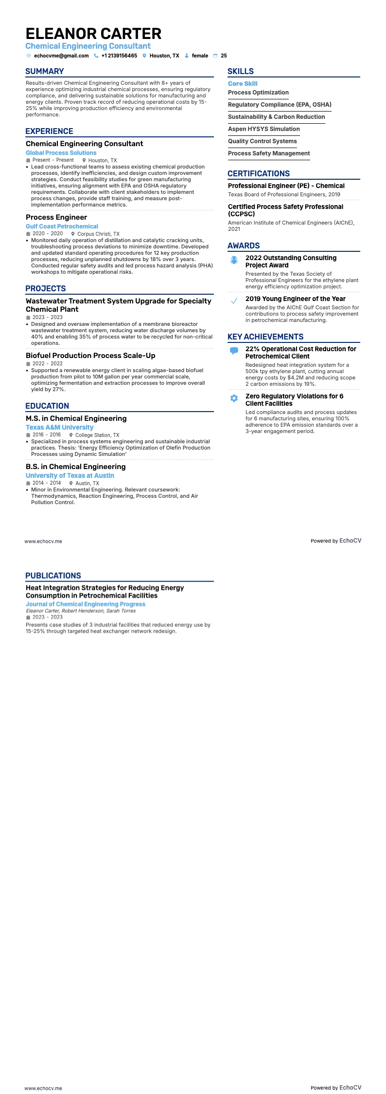 Chemical Engineering Consultant example resume