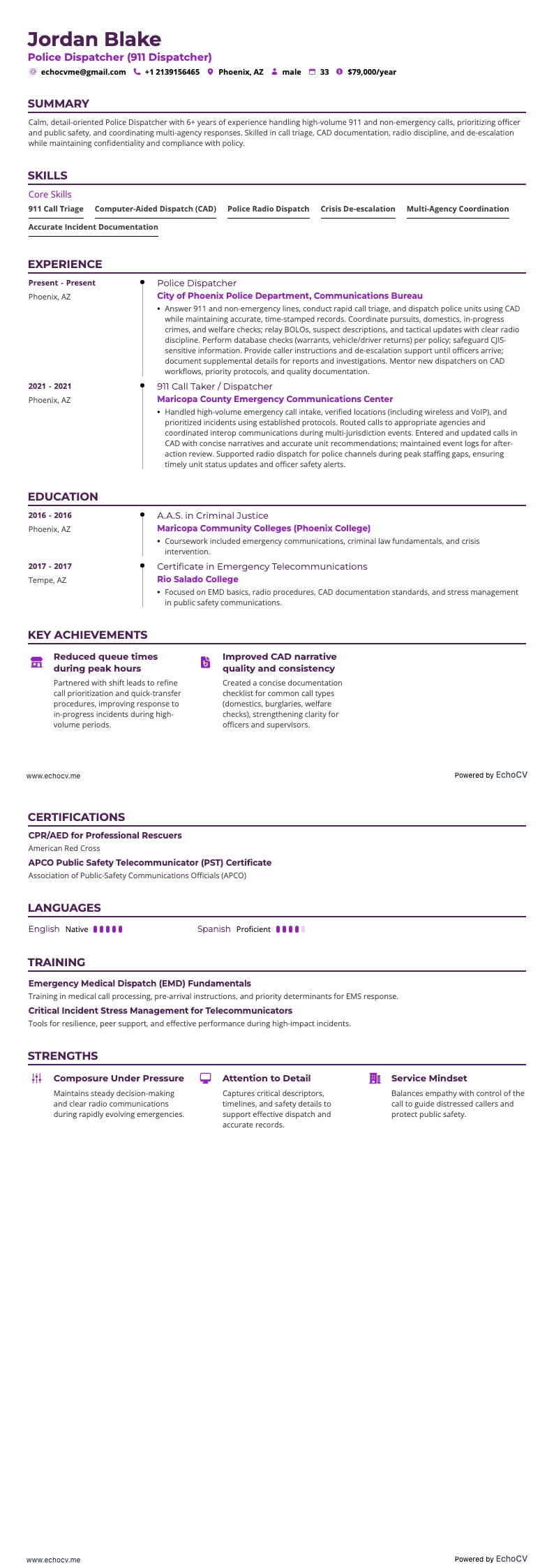 Police Dispatcher example resume