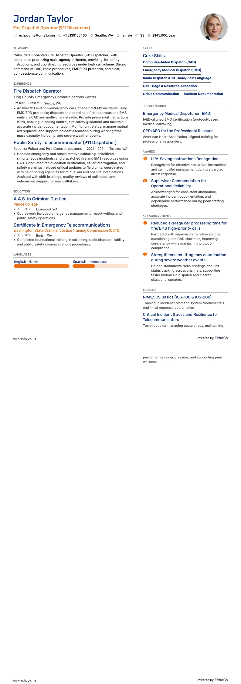 911 Dispatcher resume example