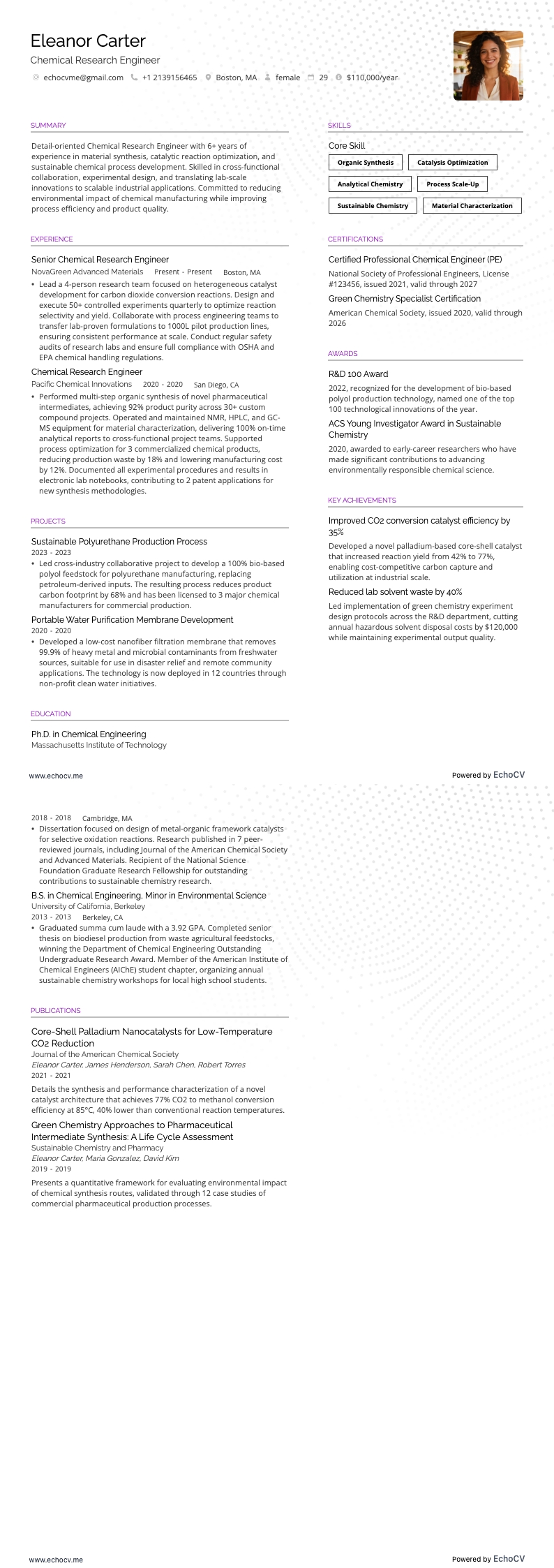 Chemical Research Engineer example resume