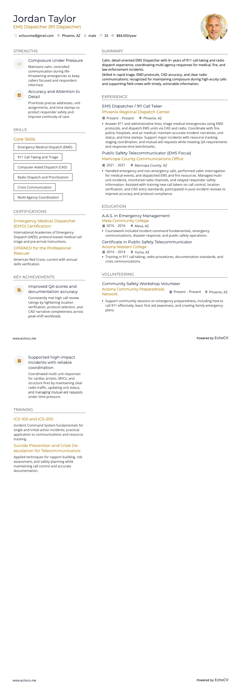 911调度员 resume example