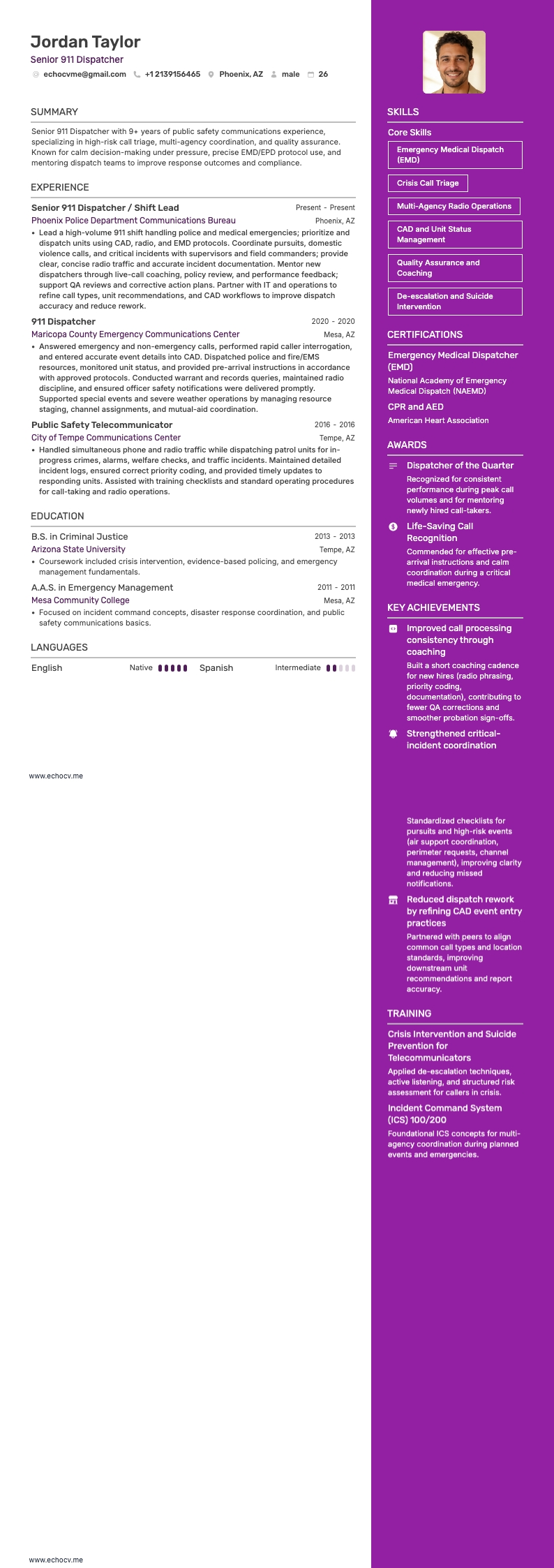 Senior 911 Dispatcher example resume