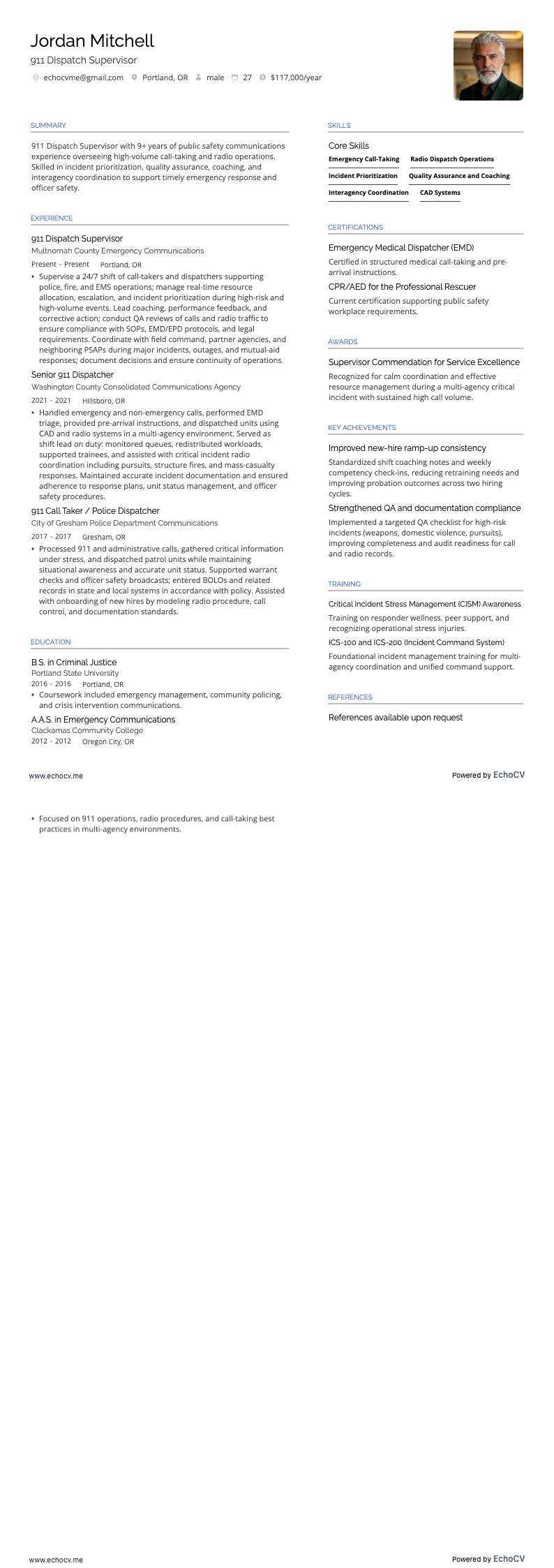 Operador del 911 resume example