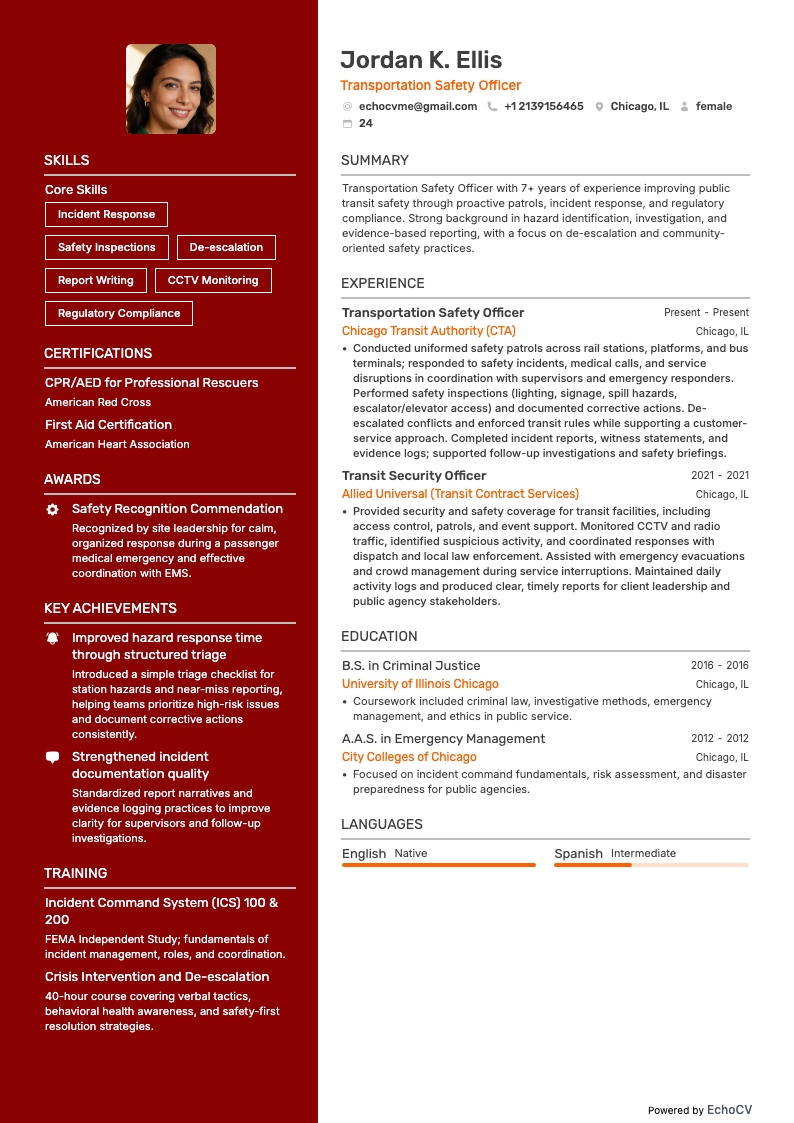 Agente de Segurança dos Transportes example resume