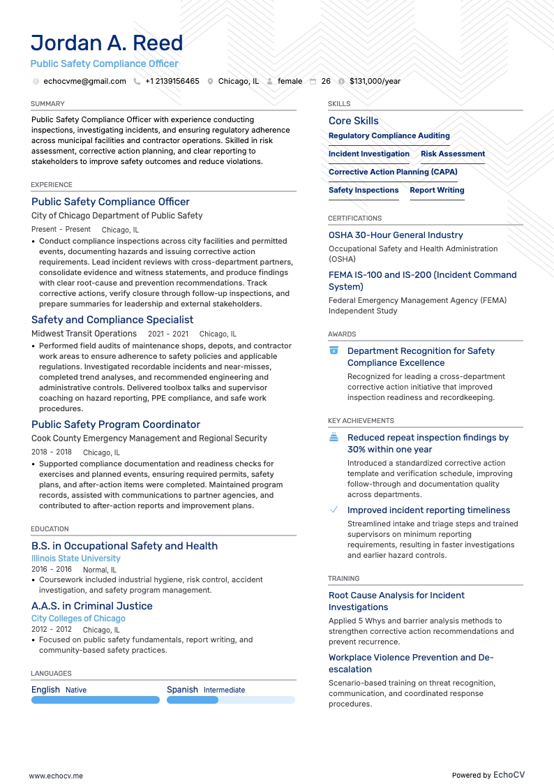 Agente de Conformidade em Segurança Pública example resume