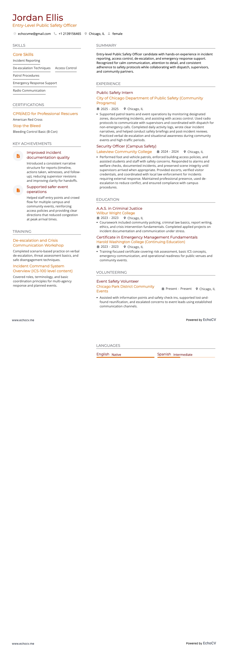 Agente de segurança pública resume example