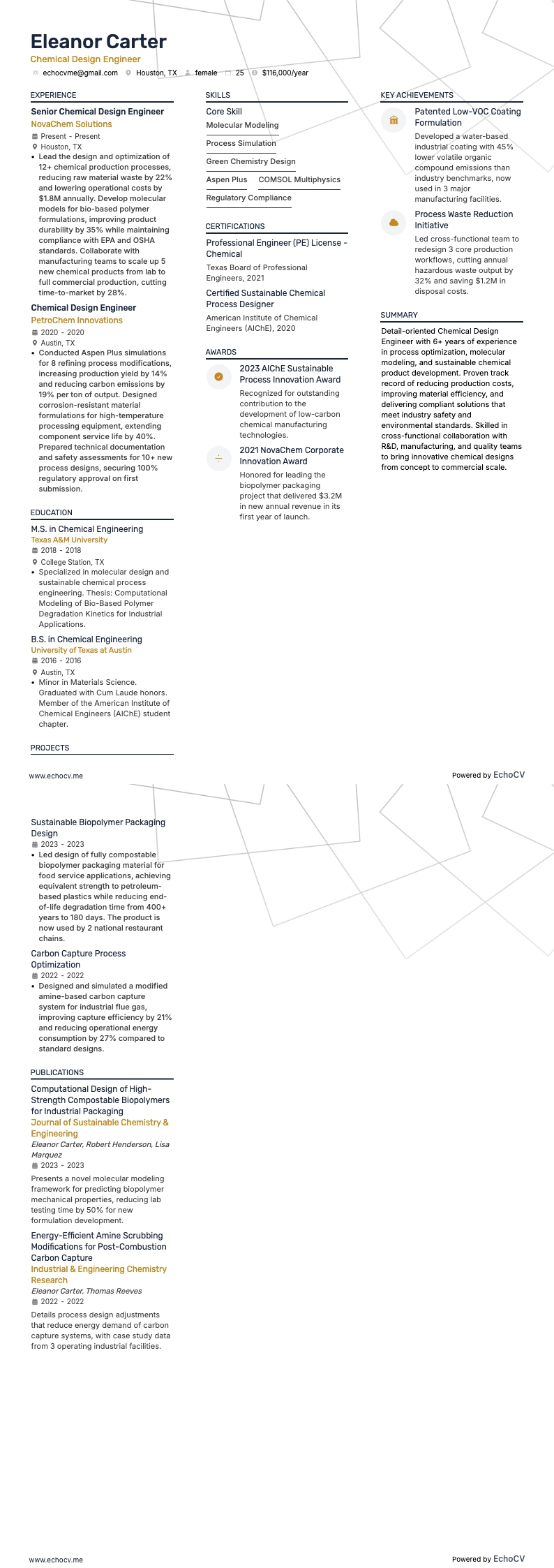 Chemical Design Engineer example resume