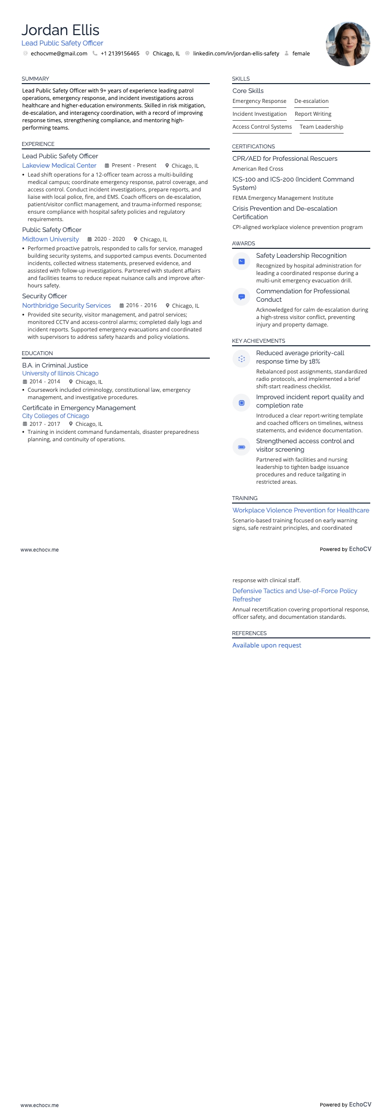 Oficial líder de segurança pública example resume