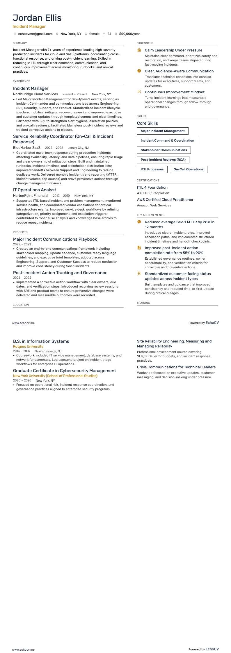 Responsabile della gestione degli incidenti resume example