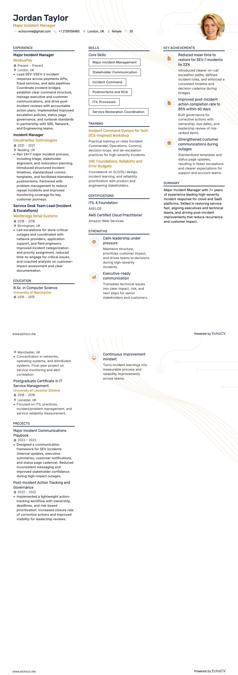 Responsable de Incidentes resume example