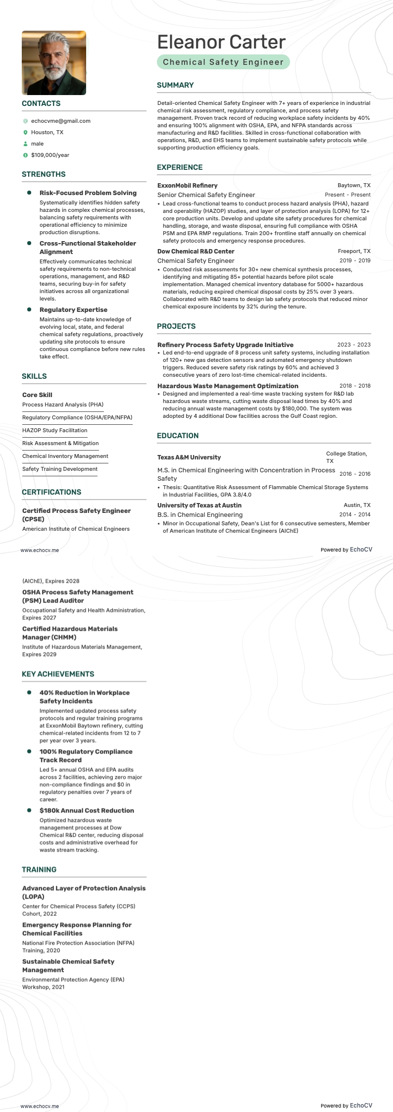 Chemical Safety Engineer example resume