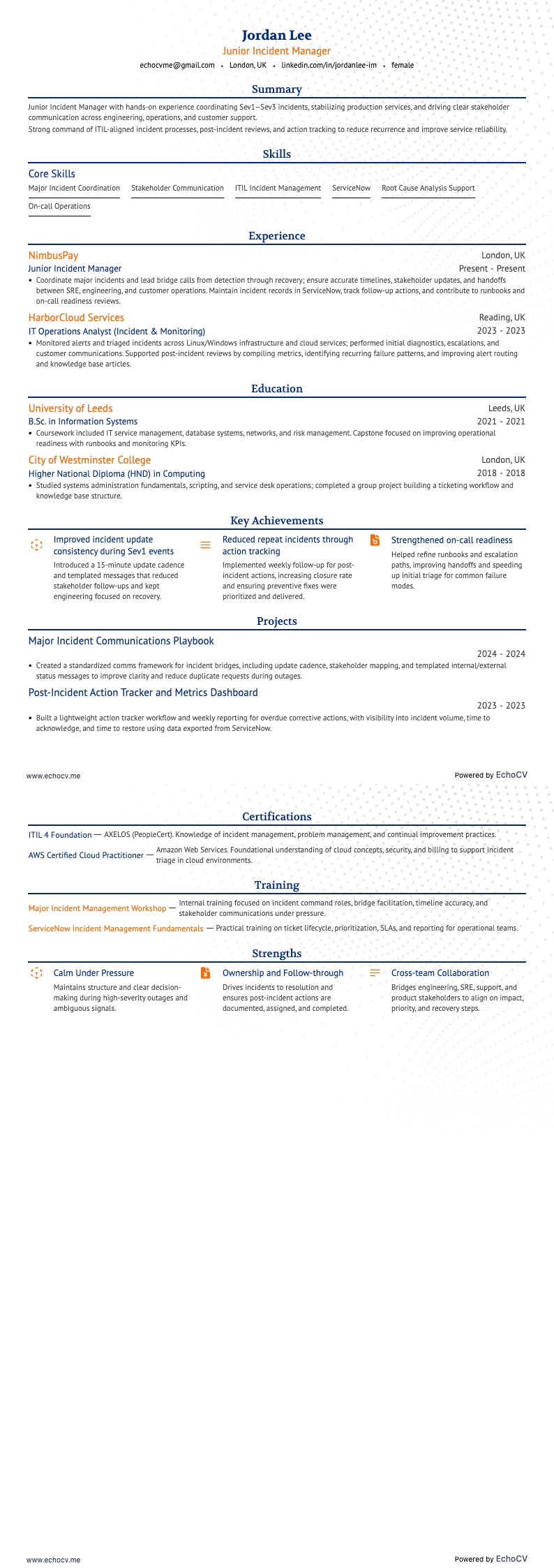 Gestionnaire junior des incidents resume example