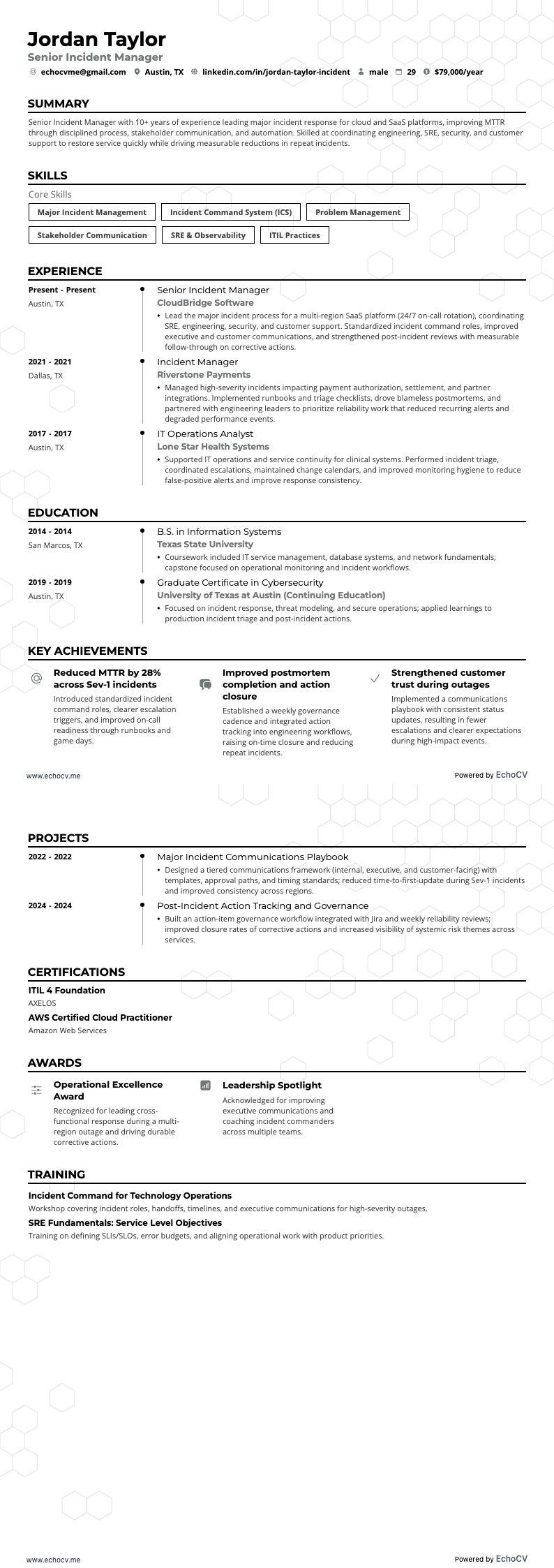 Senior Incident Manager resume example
