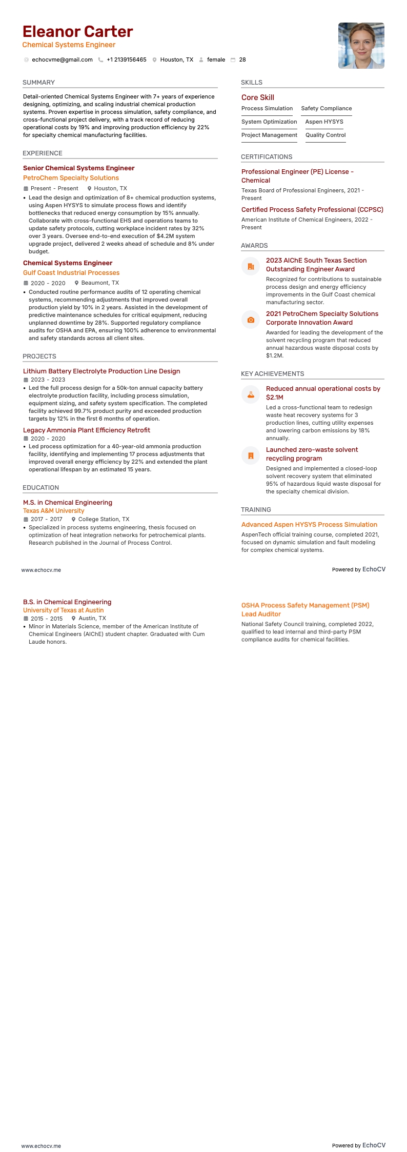 Chemical Systems Engineer example resume