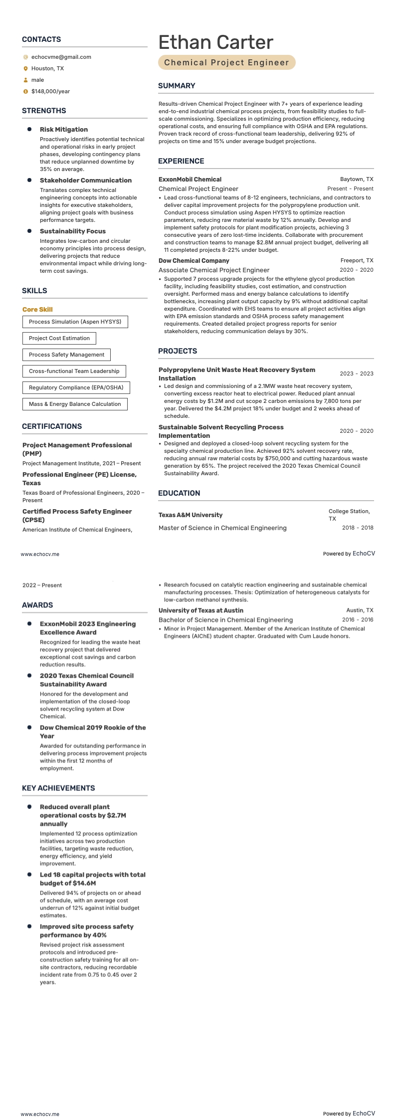 Chemical Project Engineer example resume