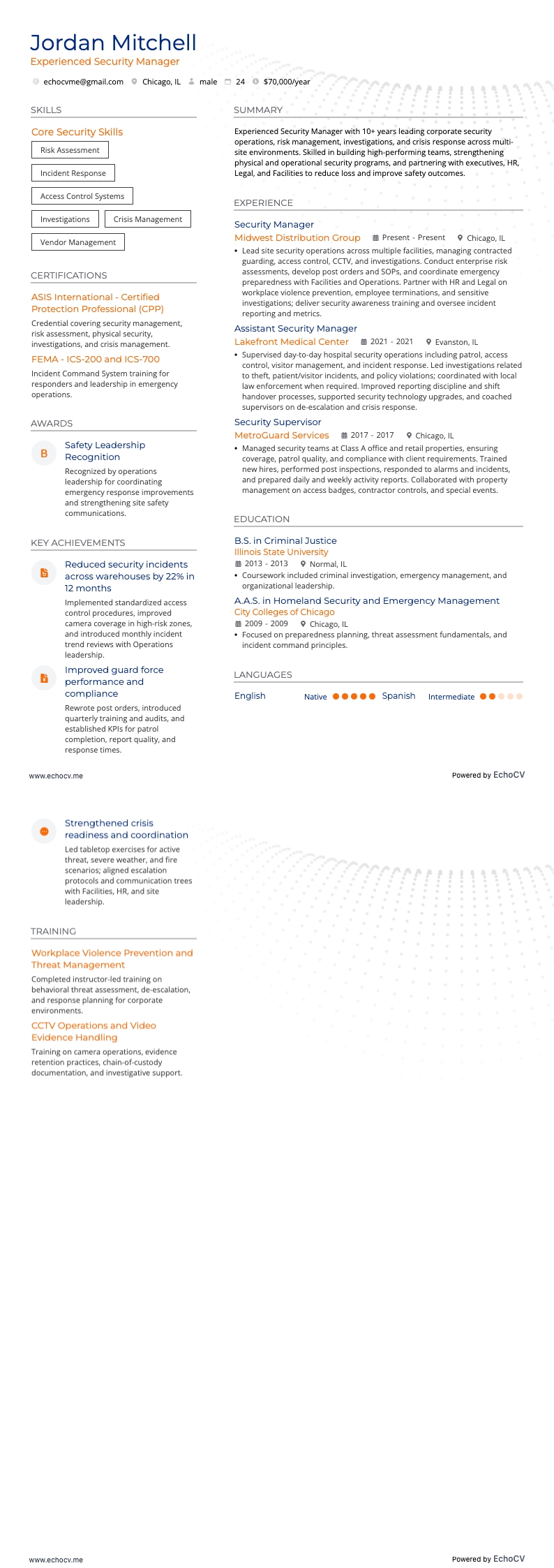 경력 있는 보안 관리자 resume example