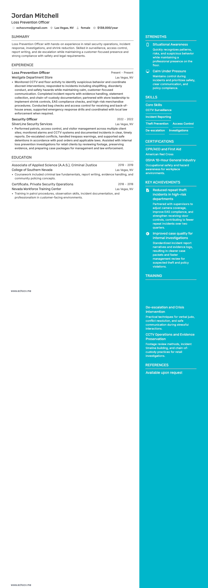 Mitarbeiter Loss Prevention example resume