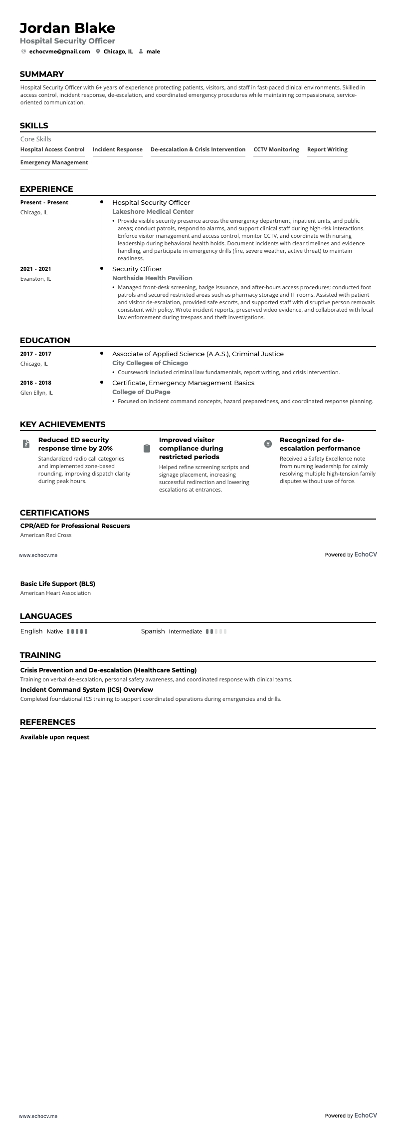 Sicherheitsmitarbeiter im Krankenhaus example resume