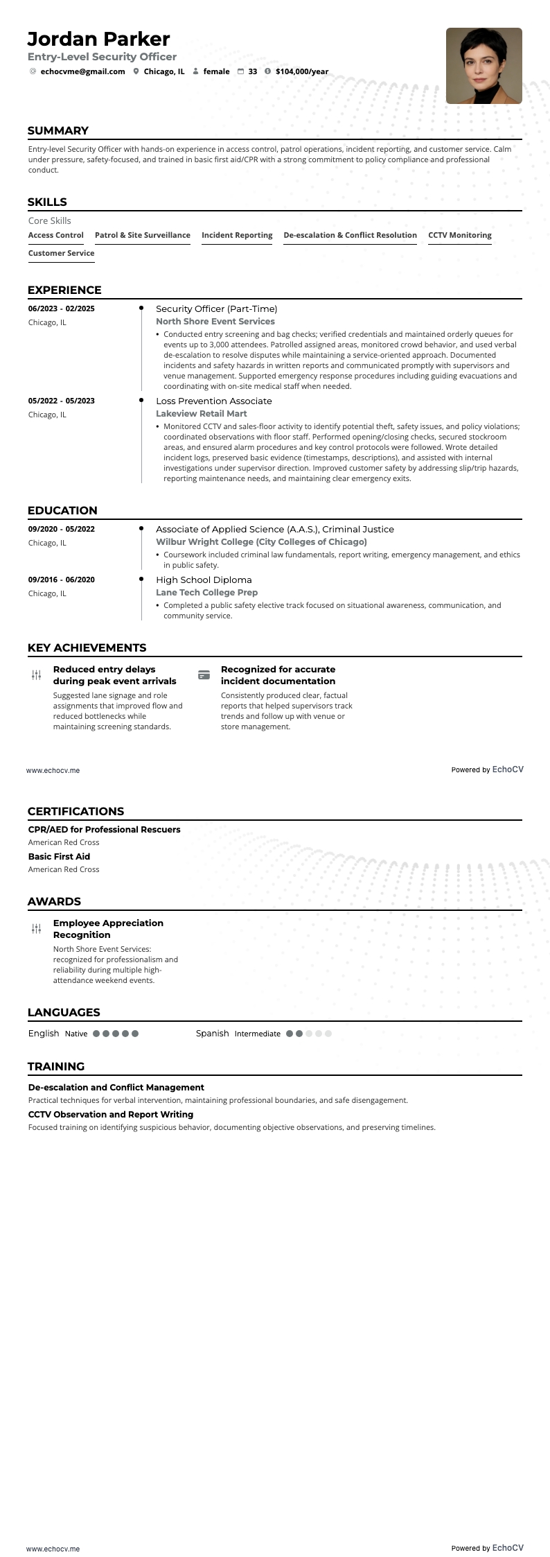 Sicherheitsmitarbeiter/in auf Einstiegsniveau example resume