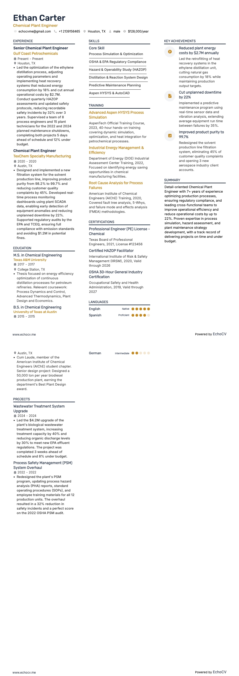 Chemical Plant Engineer example resume