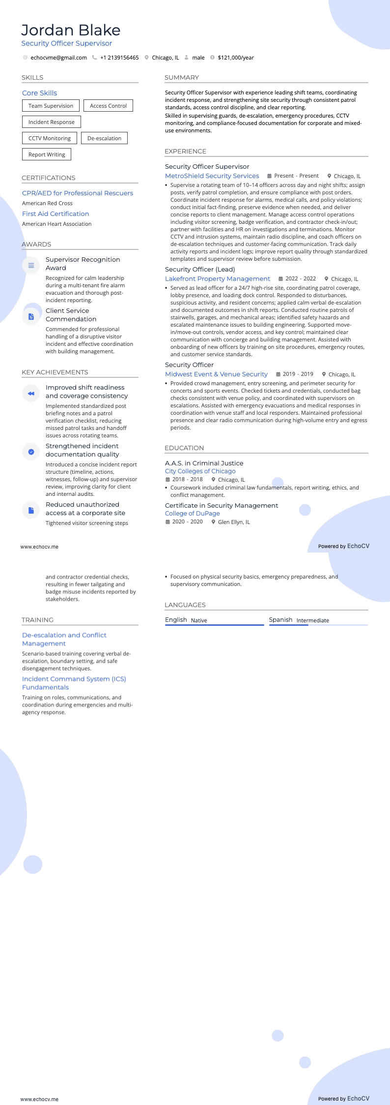 Sicherheitsbeauftragter resume example