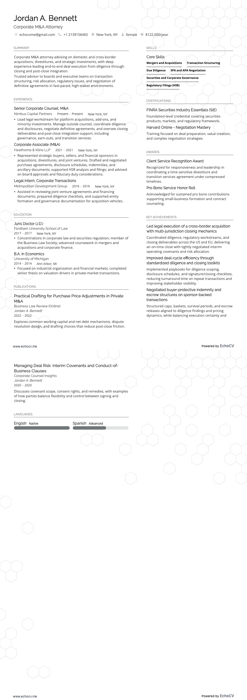 M&A弁護士 resume example