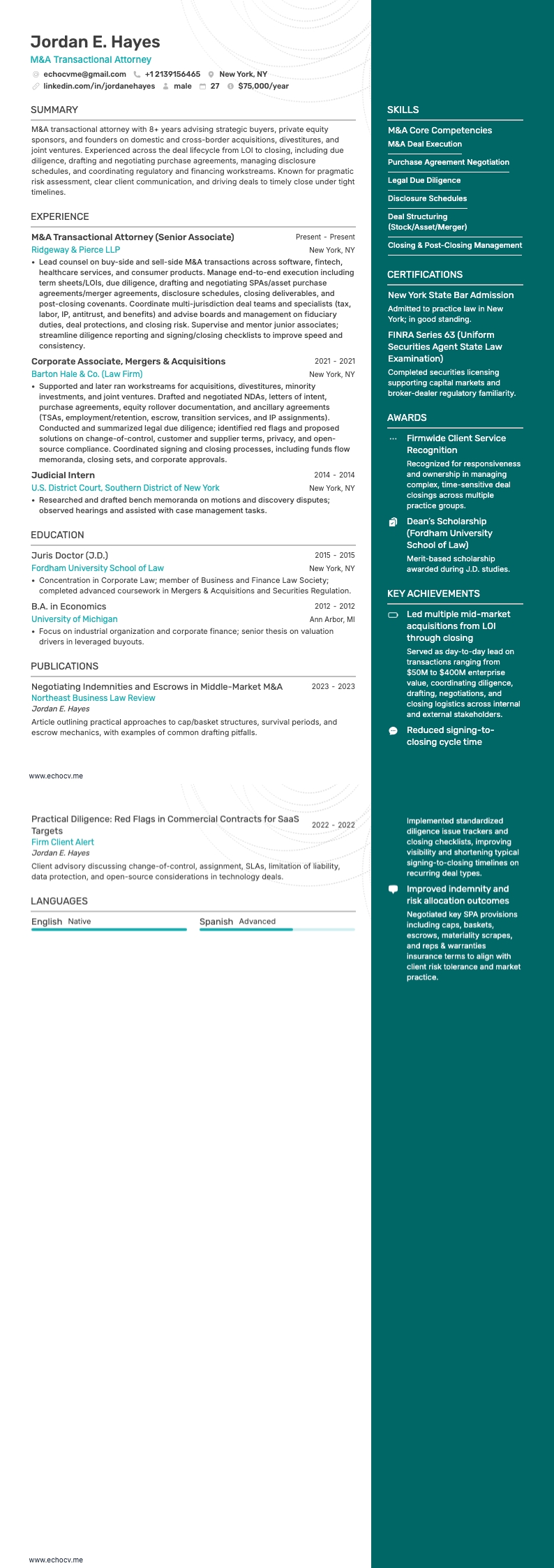 Avocat en transactions de M&A example resume