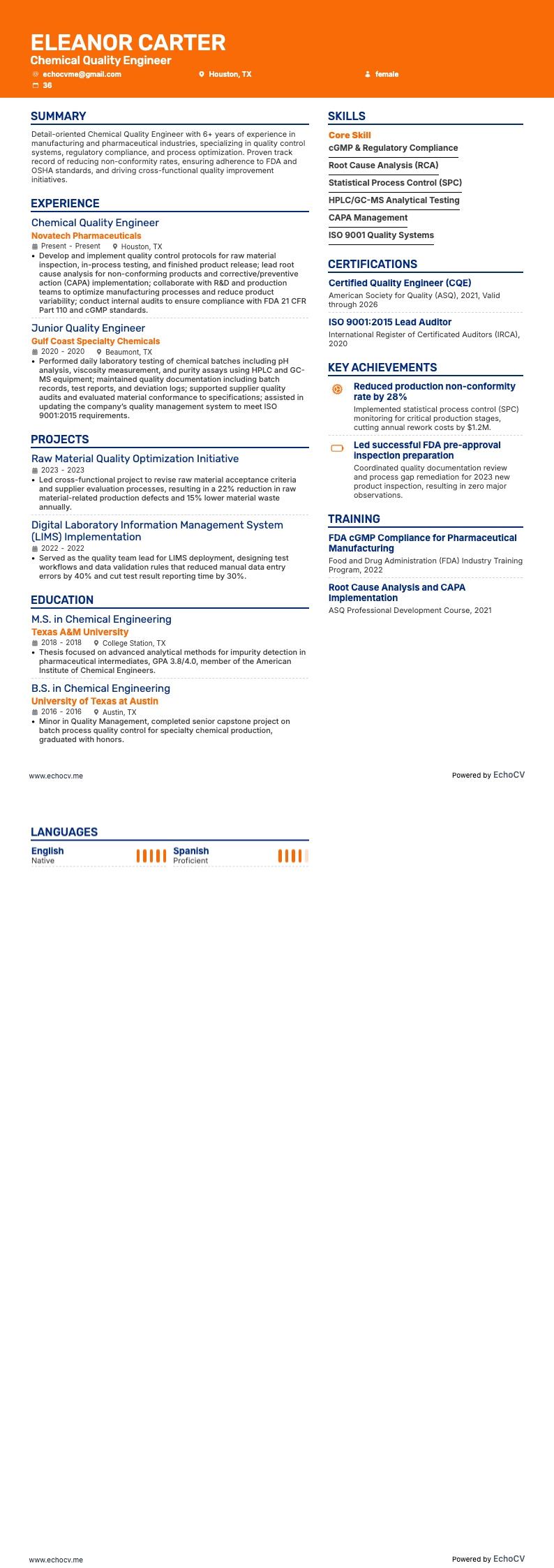 Chemical Quality Engineer example resume