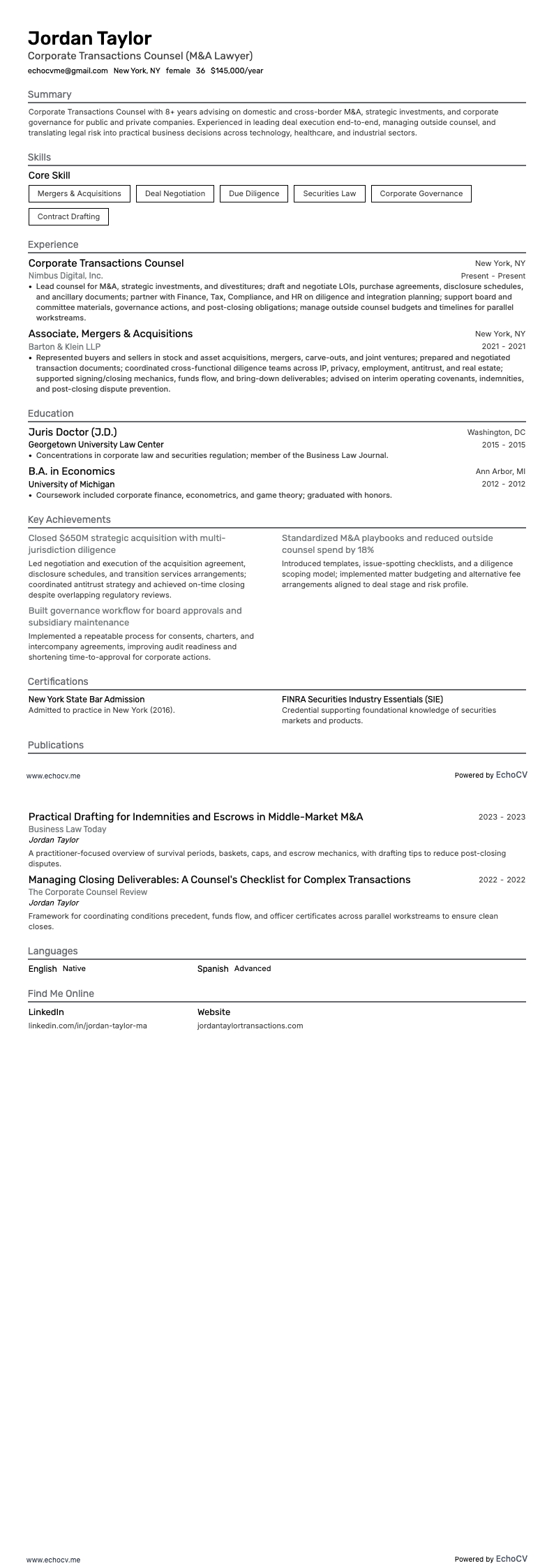 Juriste en transactions d’entreprise example resume