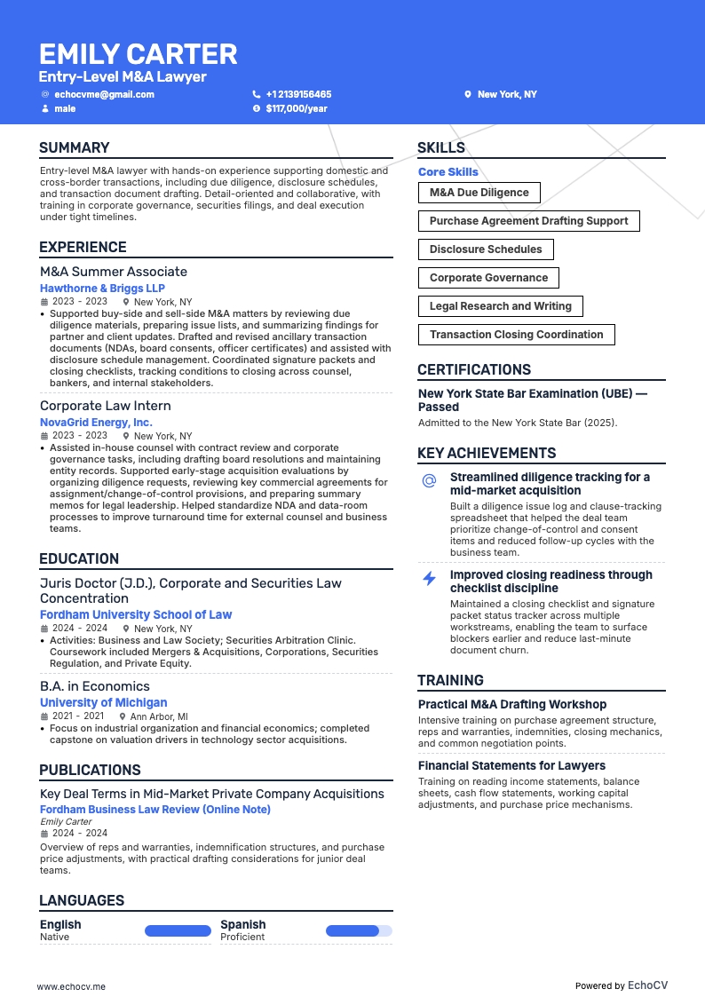 M&A-Anwalt resume example