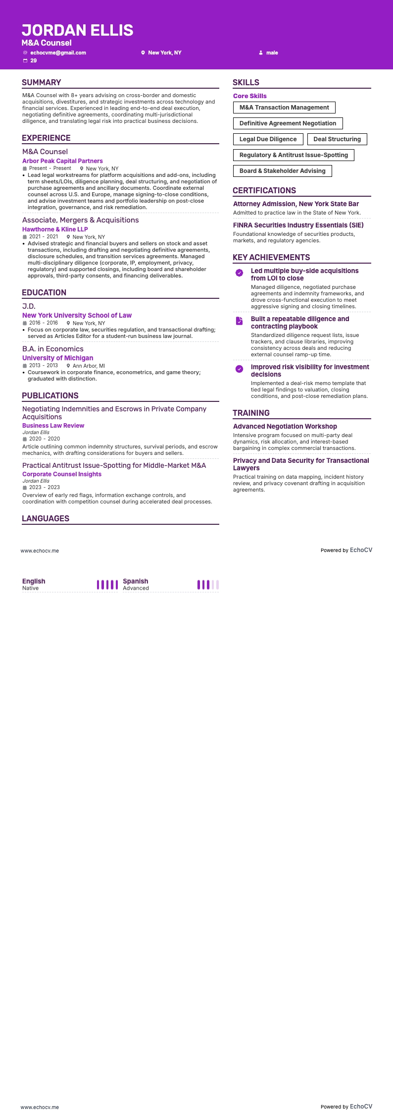 并购律师 resume example