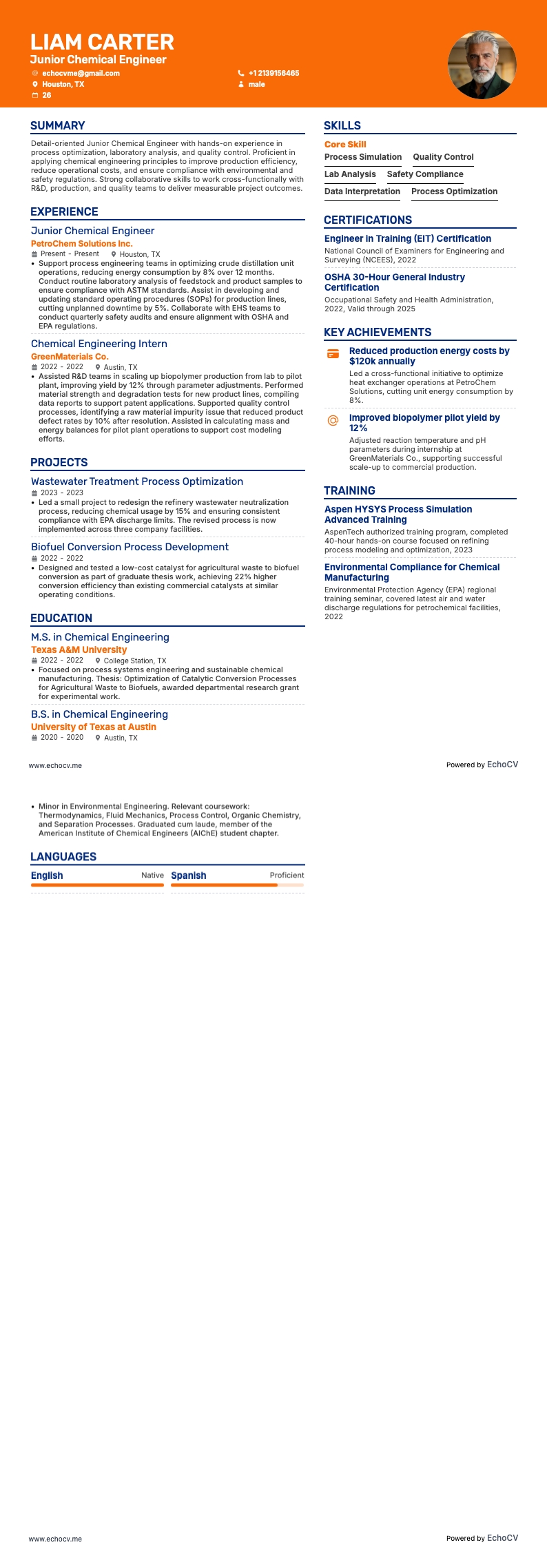 Junior Chemical Engineer example resume