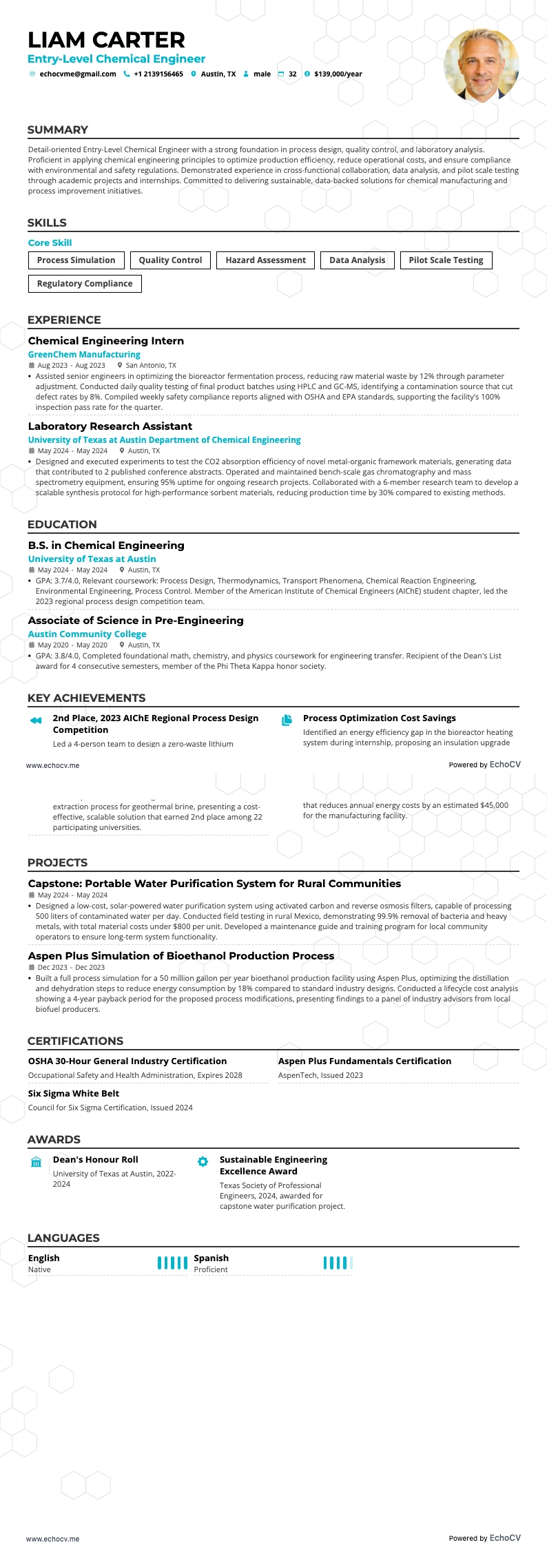 Entry-Level Chemical Engineer example resume