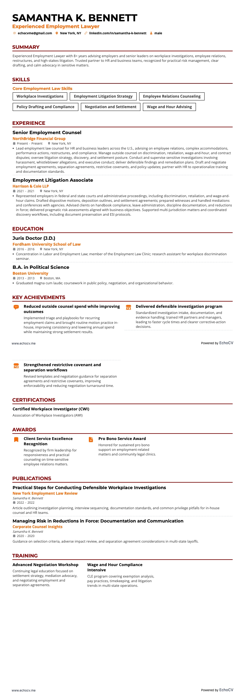 Abogado laboral resume example