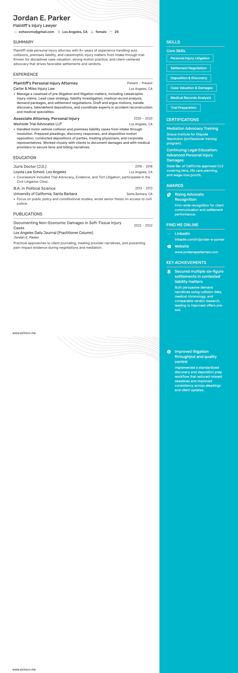 Luật sư chấn thương cho nguyên đơn example resume