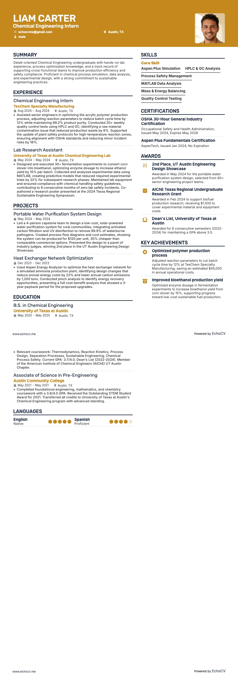 Chemical Engineering Intern example resume