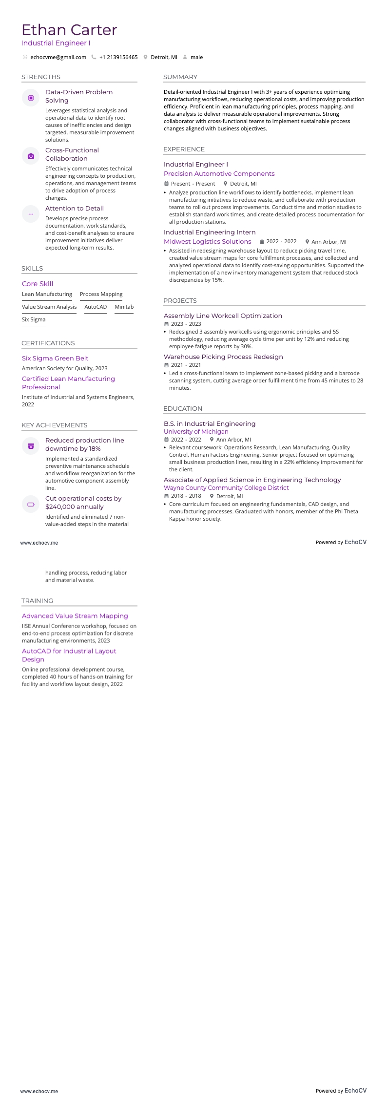 산업 엔지니어 I example resume