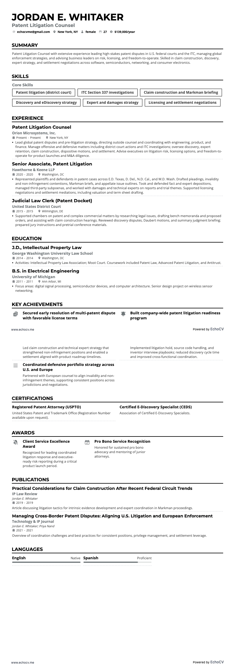 Patent Litigation Counsel resume example