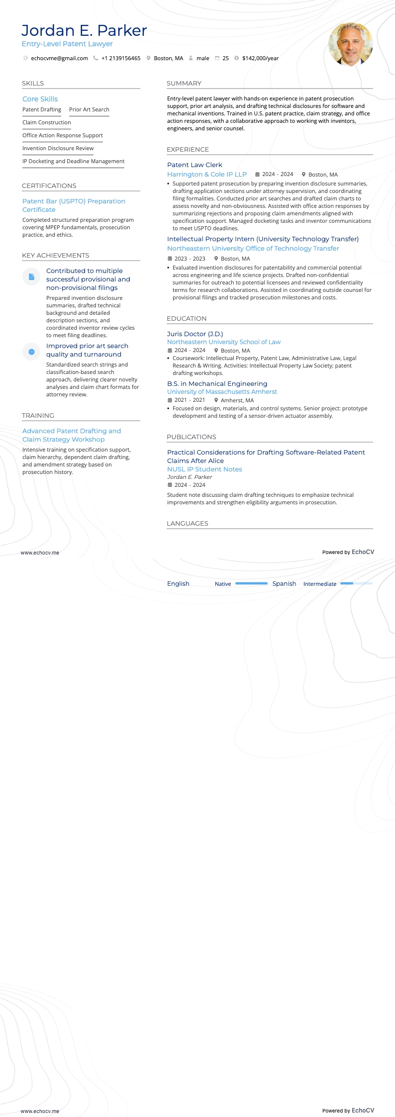 Entry-Level Patent Lawyer example resume