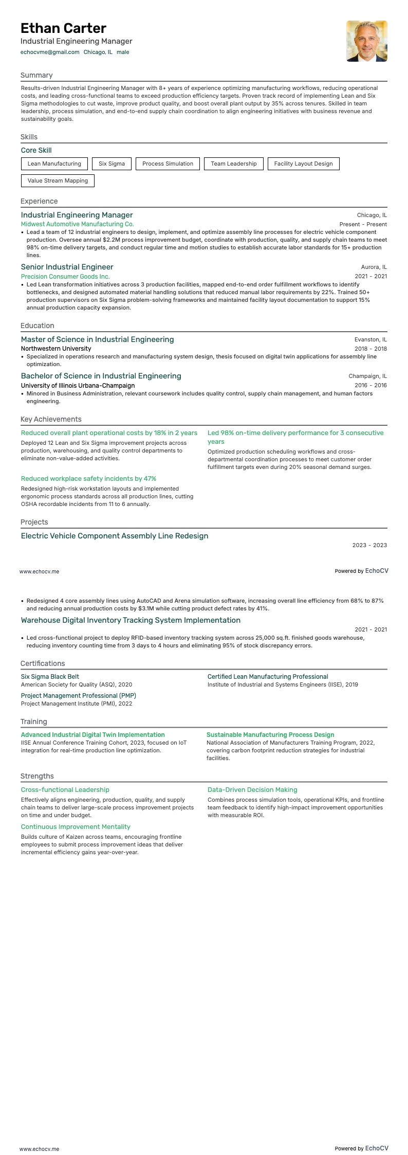산업공학 관리자 example resume