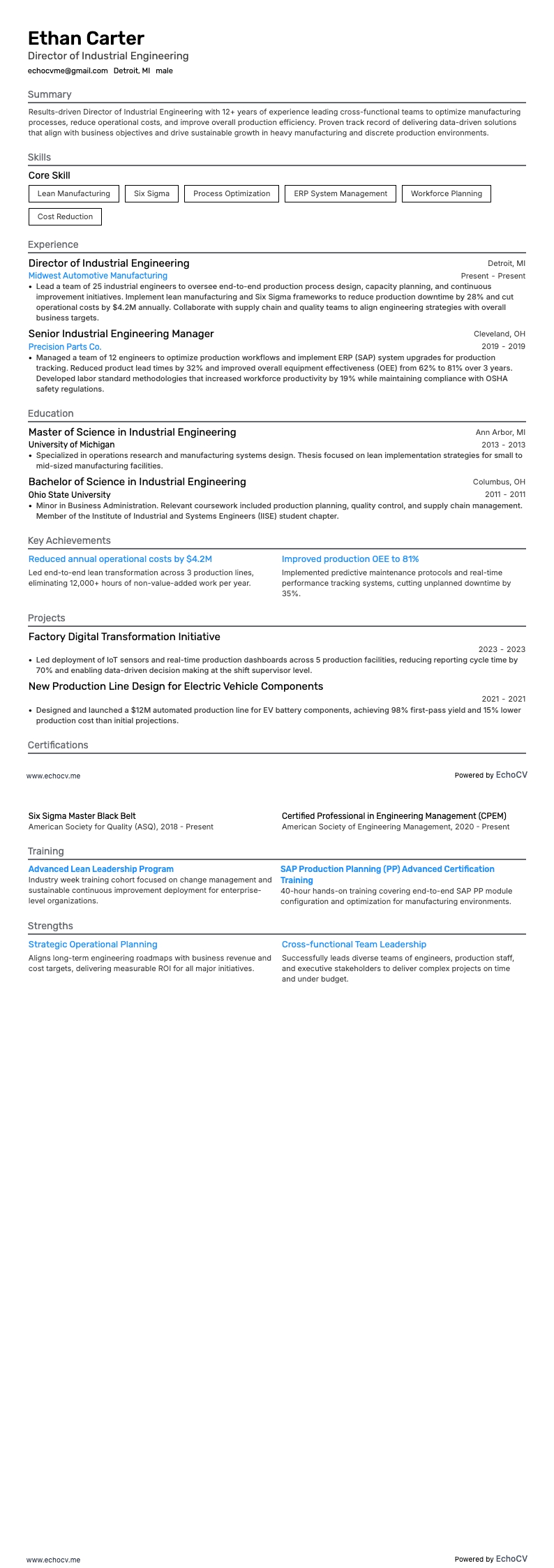 산업 엔지니어 resume example