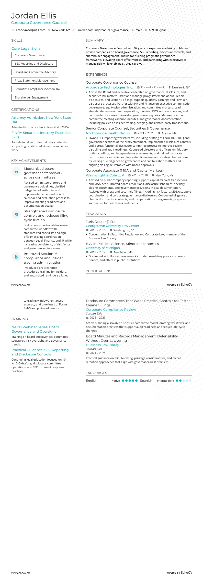 コーポレートガバナンス担当弁護士 example resume