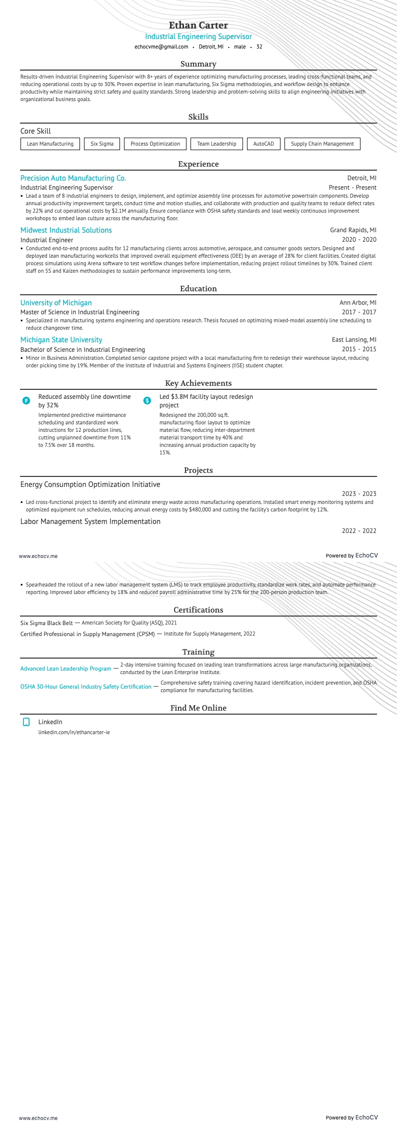 산업공학 관리자 example resume