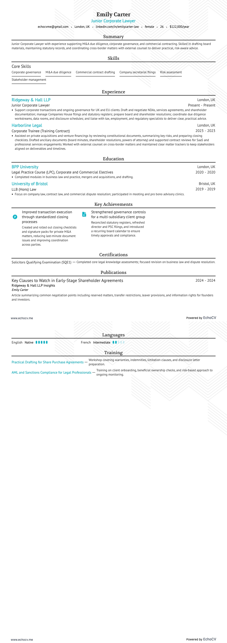 Luật sư doanh nghiệp resume example