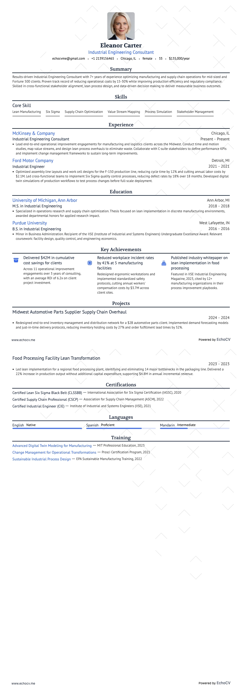 산업공학 컨설턴트 example resume