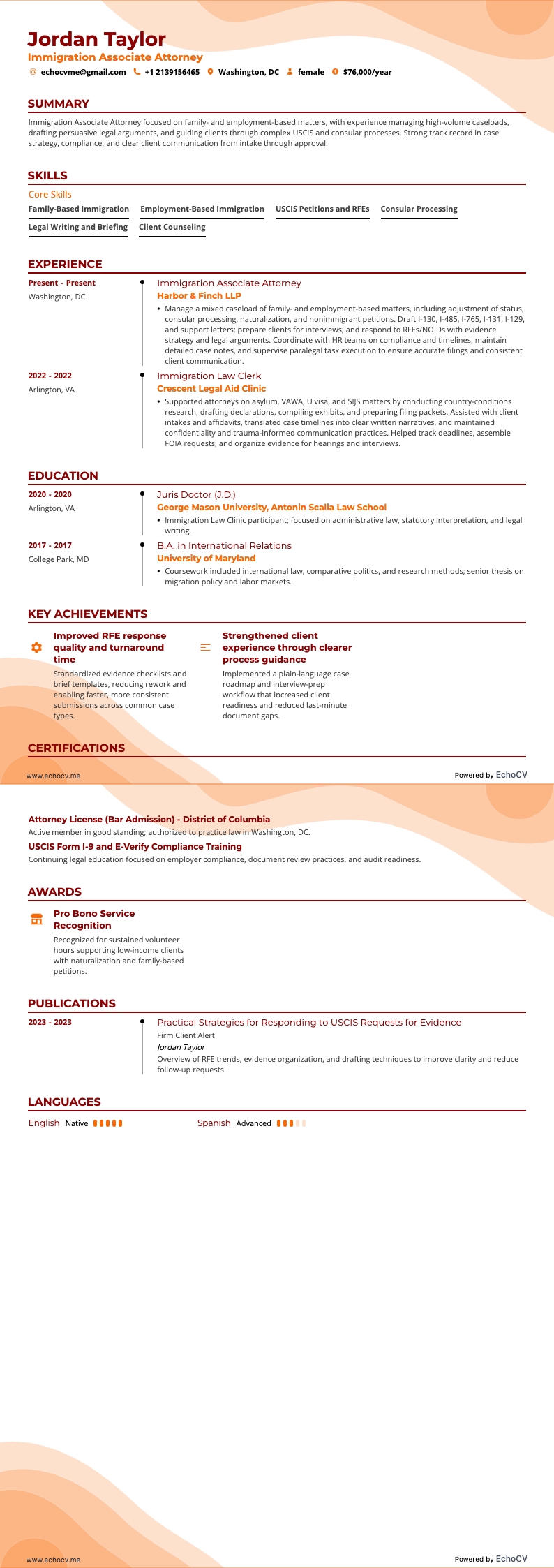 Abogado de inmigración resume example