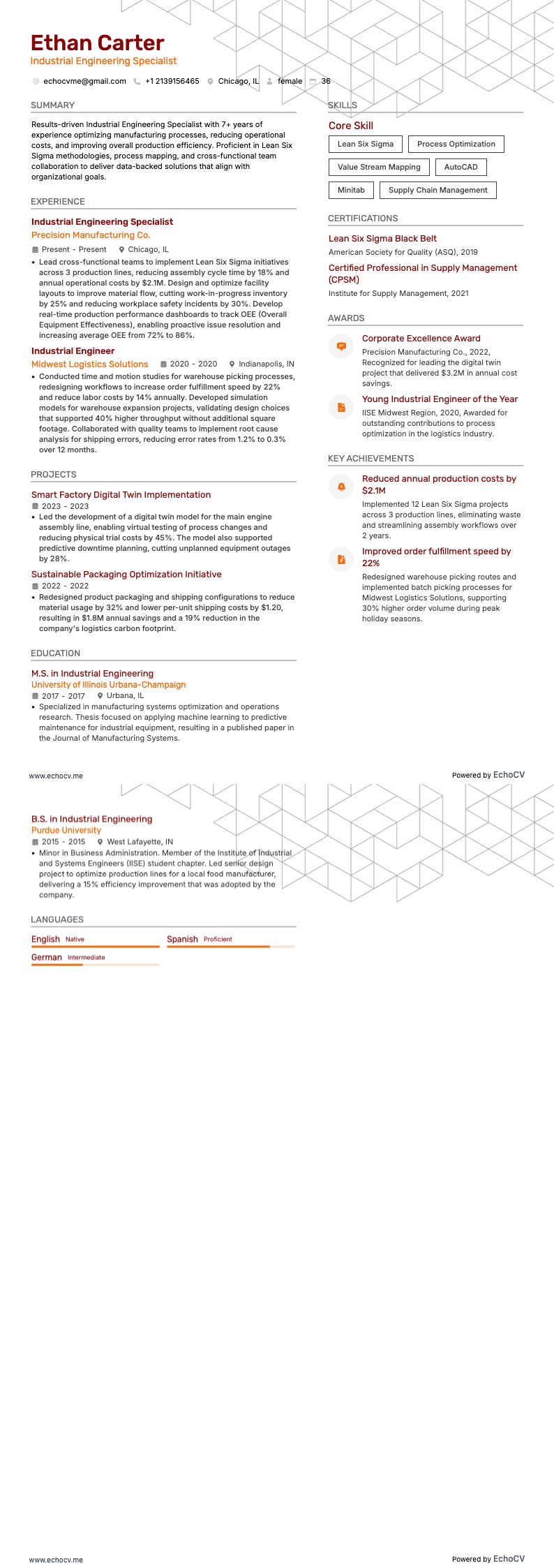 산업공학 전문가 example resume